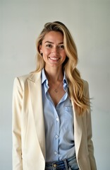 Smiling woman in light beige blazer, light blue shirt. Stylish casual look. Business pro student. Modern business casual style. Friendly expression. Positive energy. Perfect for fashion, lifestyle