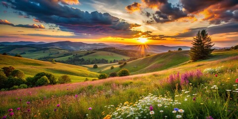 Serene Landscape Embracing Nature's Tenderness: A Captivating View of Rolling Hills, Soft Meadows, and Whimsical Wildflowers Under a Gentle Sunset Sky