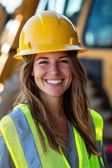 Smiling woman in construction attire, including yellow hard hat and reflective vest.