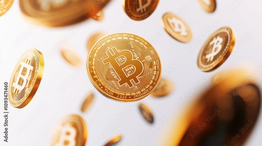 Poster floating golden bitcoin coins in abstract motion creating a futuristic and dynamic background for fi
