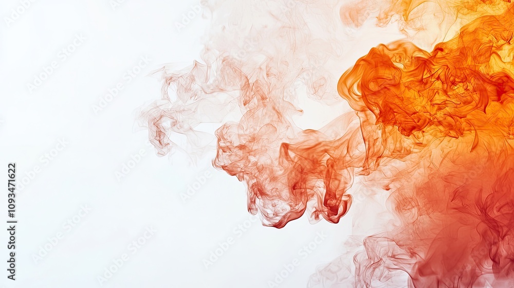 Poster abstract smoky swirl in vibrant hues of orange and red against a soft white background, creating a d