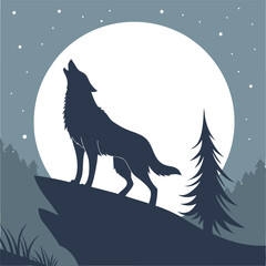Wolf howling silhouette illustration at the midnight moon