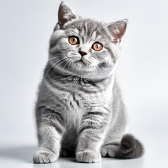Obraz premium Cute Grey Kitten British Shorthair Cat Close-up Stock Photo with White Background