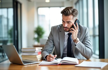 Businessman sits at desk talking on phone reviewing documents. Man in suit working at office. Papers, books on table. Takes notes in notebook, discusses something important on phone call. Pro office