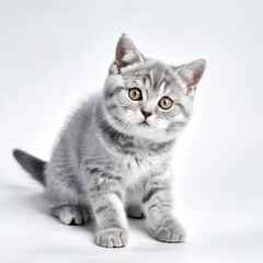 Obraz premium Cute Grey Kitten British Shorthair Cat Close-up Stock Photo with White Background