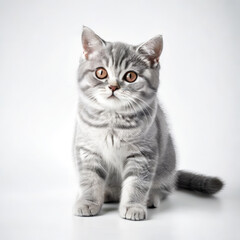 Fototapeta premium Cute Grey Kitten British Shorthair Cat Close-up Stock Photo with White Background