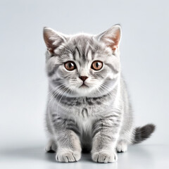 Cute Grey Kitten British Shorthair Cat Close-up Stock Photo with White Background