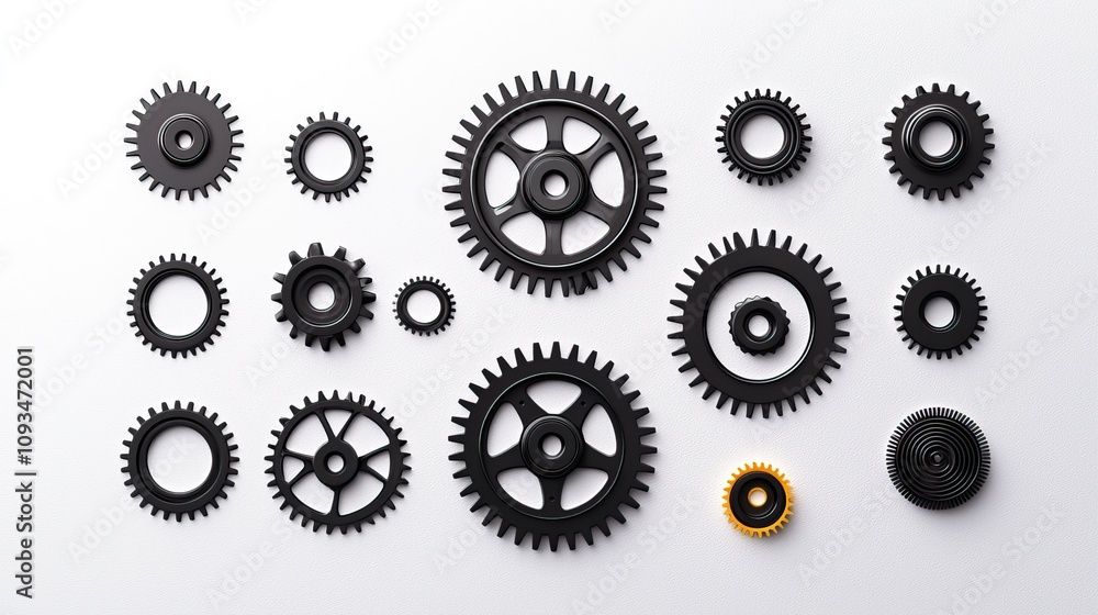 Aufkleber a collection of diverse mechanical gears in varying sizes and designs on a clean background, highlig