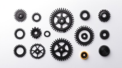 A Collection of Diverse Mechanical Gears in Varying Sizes and Designs on a Clean Background, Highlighting the Complexity and Functionality of Engineering Components