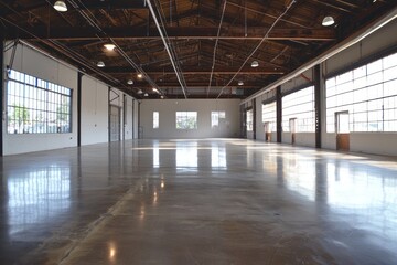 Spacious, empty industrial warehouse with a bright interior and polished floor.