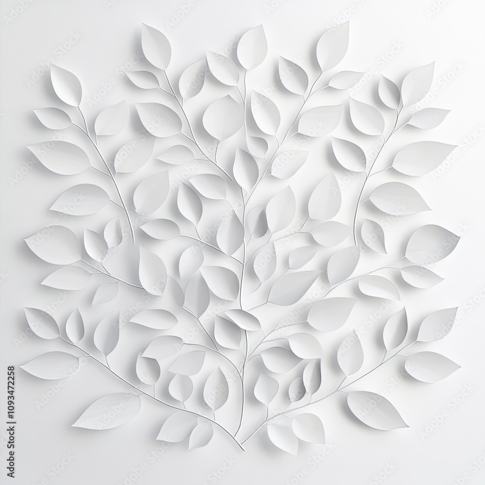 Poster delicate white paper leaves arranged in intricate pattern on a clean white background creating a sub