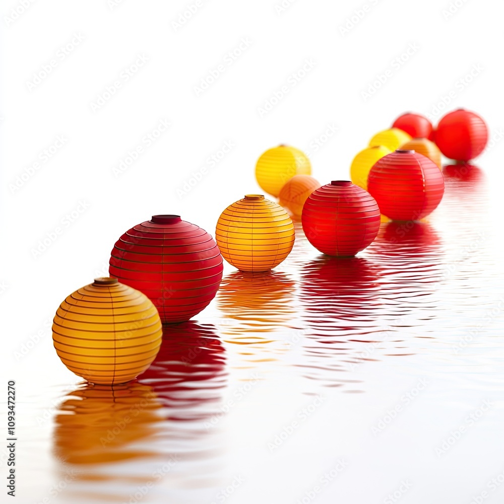 Poster Vibrant Paper Lanterns Floating on Calm Water Creating a Serene and Tranquil Atmosphere for Relaxation and Celebration in a Minimalist Style