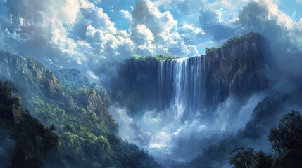 Majestic Waterfall Cascading Down Rocky Cliff Surrounded By Lush Greenery Under Dramatic Cloudy Sky in Serene Natural Landscape Scene