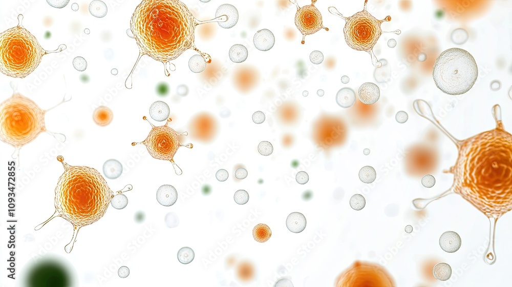 Aufkleber abstract representation of microbiology with orange cells and bubbles floating on a white background