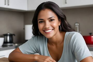 Fototapeta premium Beautiful smiling woman posing in kitchen, happiness and domestic life
