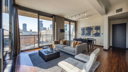 Stylish apartment condominium with a spacious living room and a balcony terrace overlooking an urban cityscape, featuring contemporary design.