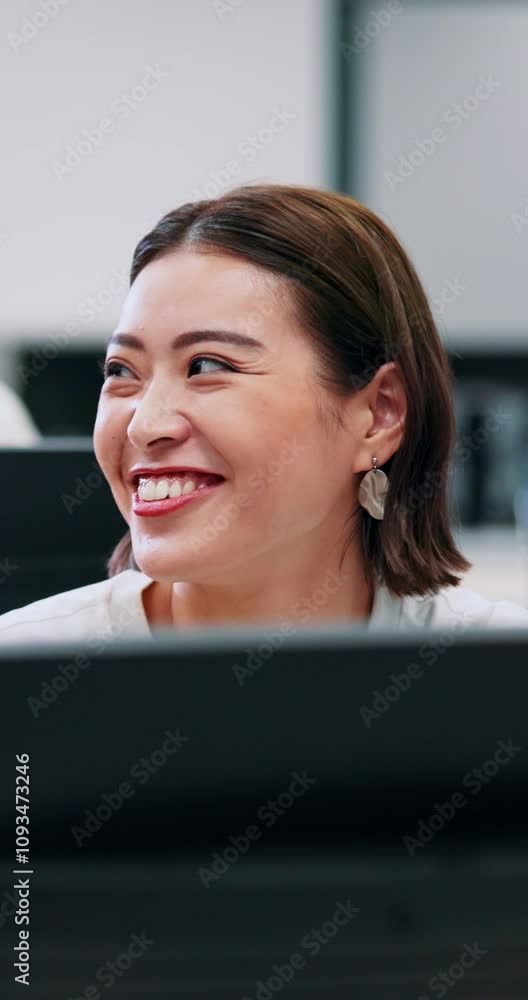Aufkleber Japanese, business woman and computer with listening, discussion and developer professional. Communication, coding and staff meeting with website update training and programming with tech at desk