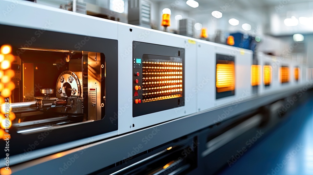 Poster high-resolution image of modern industrial machinery with illuminated control panel in a factory set