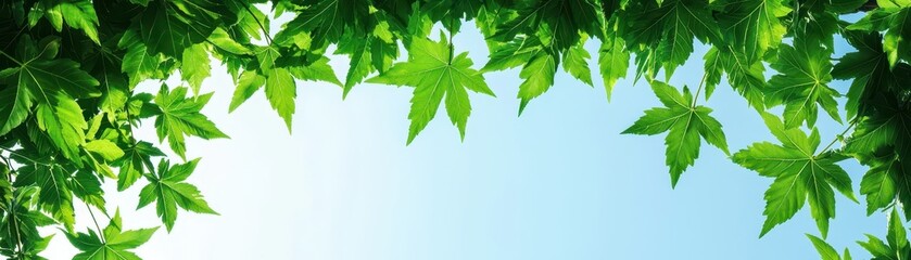 A serene view of green leaves framing a bright, clear sky, conveying a sense of nature and tranquility.