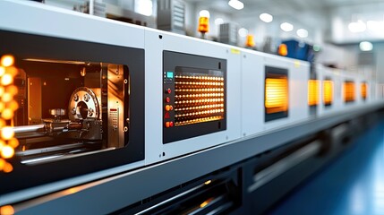 Obraz premium High-Resolution Image of Modern Industrial Machinery with Illuminated Control Panel in a Factory Setting, Showcasing Advanced Manufacturing Process and Technology