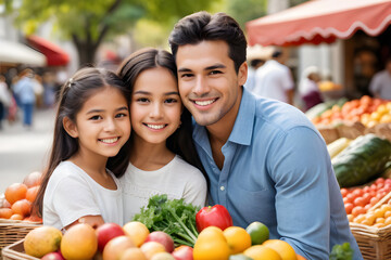 Happy family buying fresh fruits and vegetables at farmers market