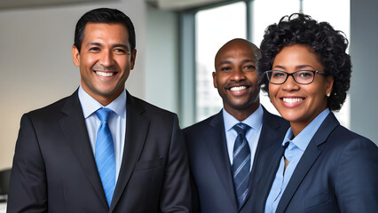 Multi ethnic business team smiling in modern office
