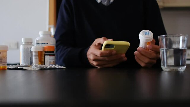 Hands holding phone and prescription, online pharmacy concep