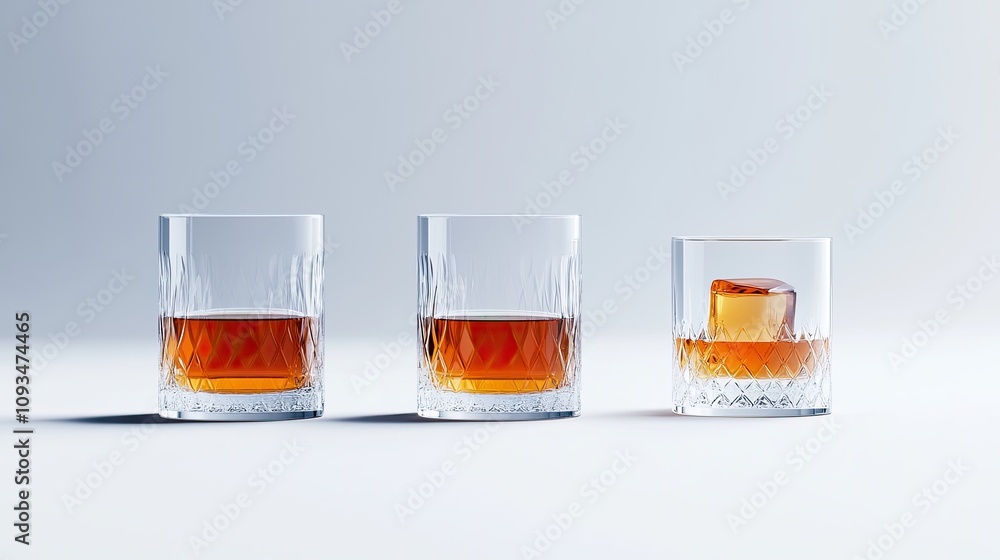 Poster elegant display of three crystal glasses filled with amber liquid, capturing reflections and a disti