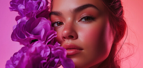 Maquillaje de mujer con flores lilas, fotograf&iacute;a de belleza.