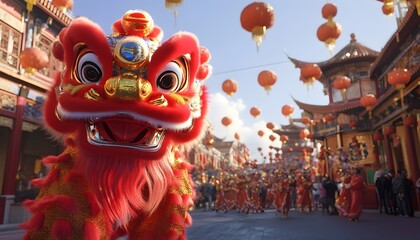 Fototapeta premium A vibrant lion dance performance celebrating cultural heritage, with colorful lanterns and festive decorations in the background, showcasing the beauty of traditional celebrations.