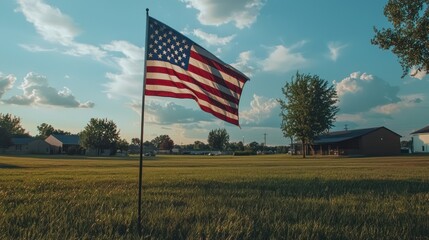 Waving U.S. flag with its star-spangled blue field and red and white stripes.