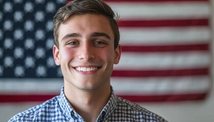 Young confident politician smiling proudly with the American flag in the background