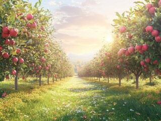 Fototapeta premium A serene apple orchard at sunset, filled with ripe apples and wildflowers.