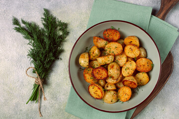 Baked new potatoes, with butter and dill, homemade, no people,