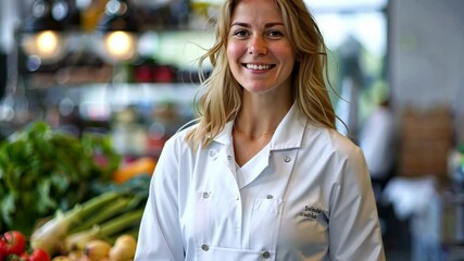A cheerful chef stands proudly in a bustling kitchen surrounded by vibrant vegetables and fruits, embodying a love for healthy cooking and culinary arts.