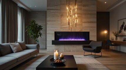 Modern living room with electric fireplace, stylish furniture, and warm lighting.