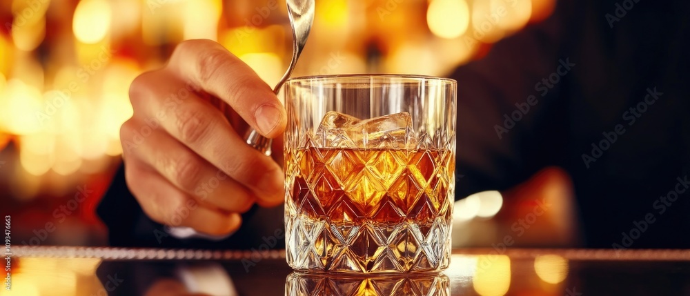 Poster elegant hand stirring a glass of whiskey with ice cubes on a bar counter surrounded by a warm and in