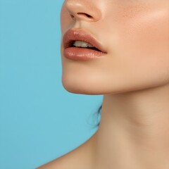 Fototapeta premium Close-Up of Beautiful Female Face with Natural Makeup, Soft Skin Tone, and Exquisite Lips on Blue Background, Highlighting Beauty and Skincare Concepts
