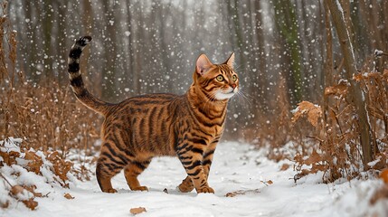 A curious Bengal cat exploring a snowy trail with its tail upright and bright eyes scanning the surroundings