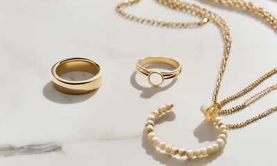 Minimalist Jewelry like gold rings and a necklace laid out on a clean marble surface