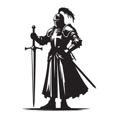 Obraz premium medieval knight holding a sword silhouette vector art black color design and solid white background 