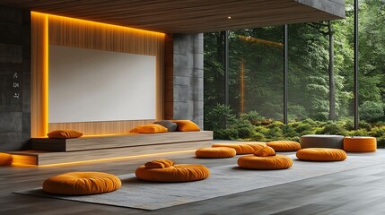 Modern minimalist zen meditation room with orange cushions, wooden platform, and large window overlooking lush green forest.