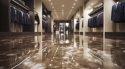 Modern men's clothing store interior with shiny floor reflecting suits.
