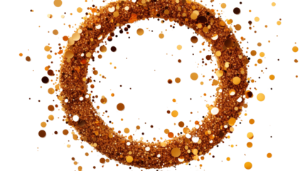 Golden confetti sparkles form a textured ring, radiating elegance and charm for festive occasions and design elements, isolated on transparent background.