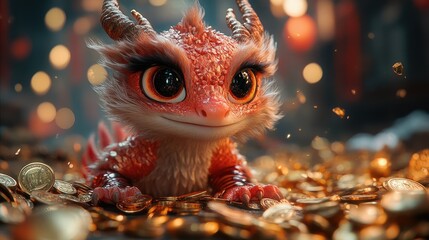 A cute, fantasy dragon character surrounded by shiny gold coins, evoking a whimsical atmosphere.