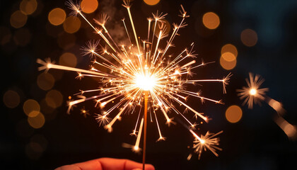 Person holding a sparkler with bright sparks on a blurred dark background for celebration concept
