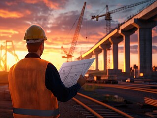 Construction Worker Overseeing Sunset Project with Blueprints in Hand as Cranes and Infrastructure Develop Under a Vibrant Sky