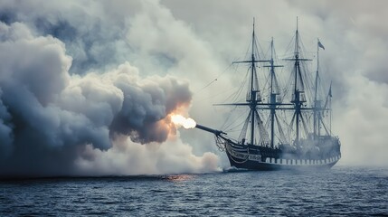 Obraz premium Majestic Tall Ship Engaging in Naval Combat Surrounded by Billowing Smoke and Explosions, Evoking a Sense of Adventure and Historical Maritime Warfare