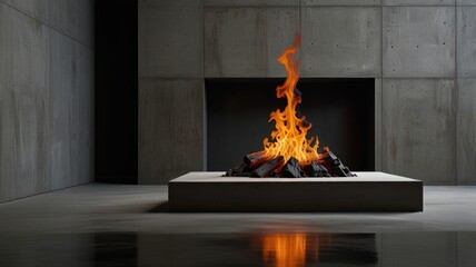 Obraz premium Here's a description and keywords for the image.. Modern fireplace with vibrant flames burning on a concrete platform in a minimalist room.