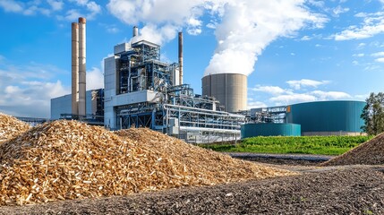 Modern Power Plant Using Biomass Energy with Wood Chips and Emission Towers Against Clear Blue Sky and Green Field in Daylight
